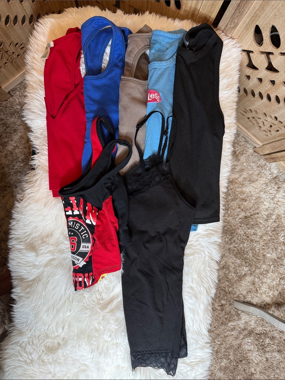 7 assorted Jr.’s Tank & Crop Top Bundle - Red, Blue, Black, Tan, Light Blue